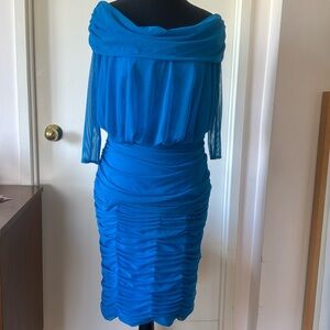 💕Azure Blue Ruched Mesh Dress w Matching Fascinator M EUC